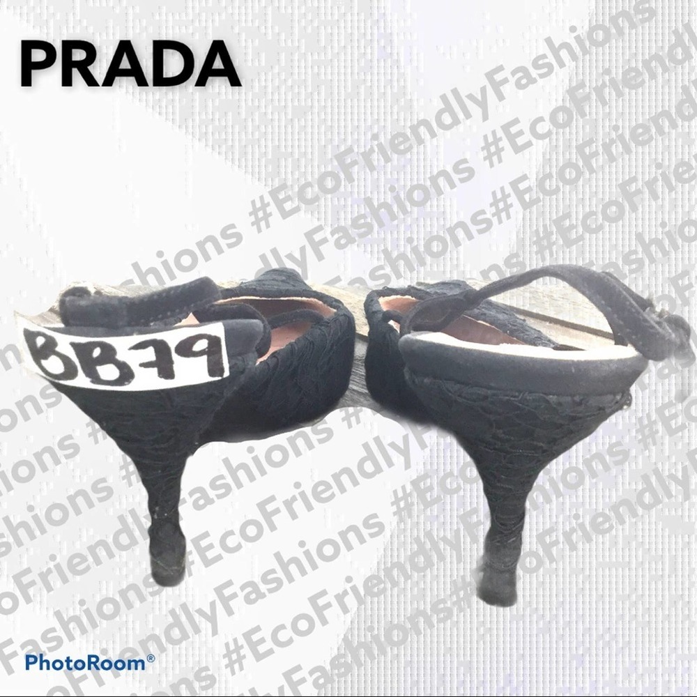 Prada Black Flower Lace Slingback Pumps Lux0** - Picture 10 of 12
